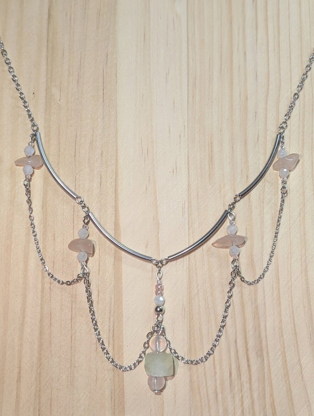 Moonlit Garden Layered Bib Necklace - Rose Quartz, Moonstone & Fluorite Gemstone